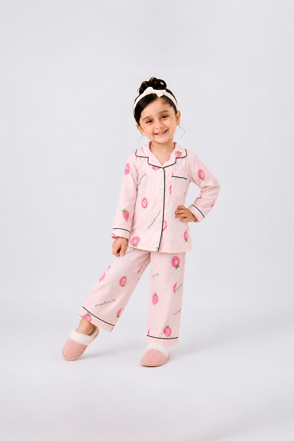 White and light pink with soft pink strawberry print