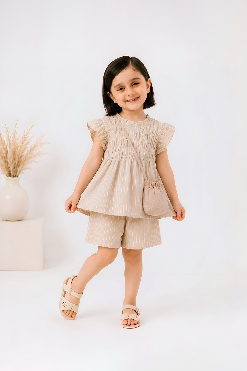 Smocked Stripe Co-Ord Set with Crossbody Pouch