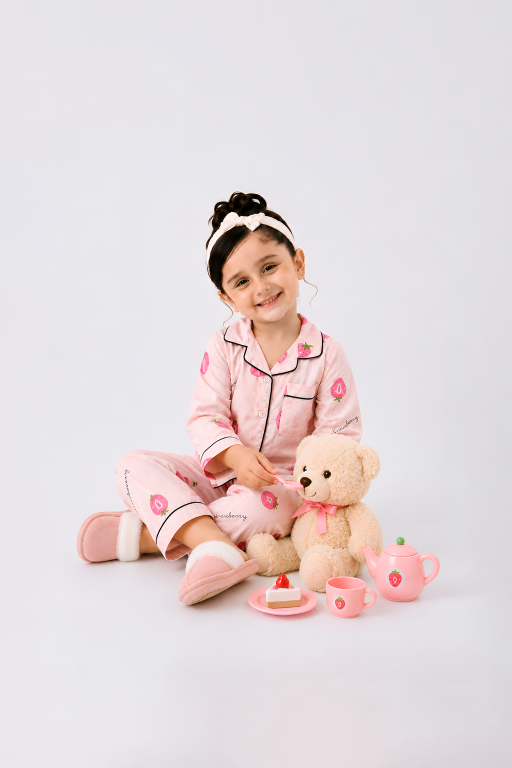 White and light pink with soft pink strawberry print