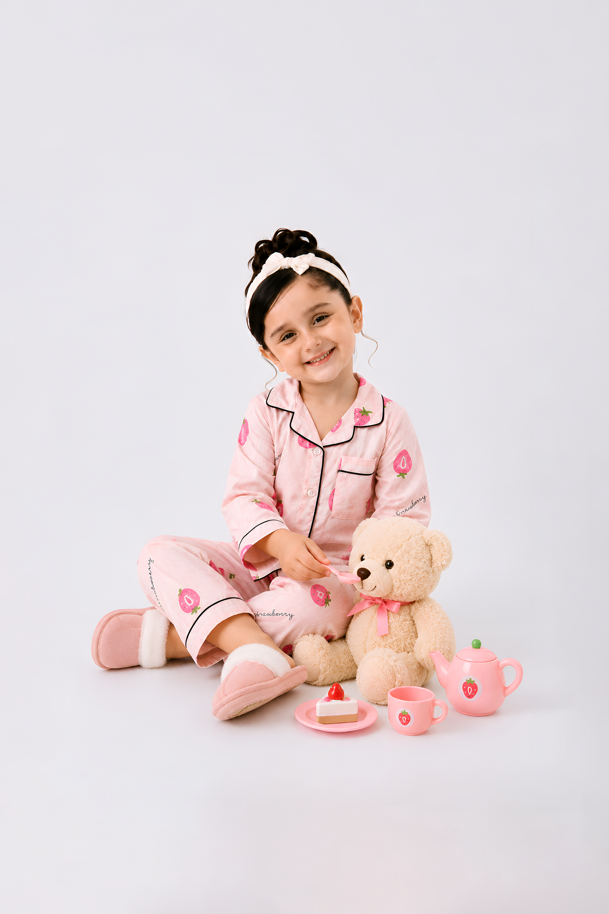 White and light pink with soft pink strawberry print