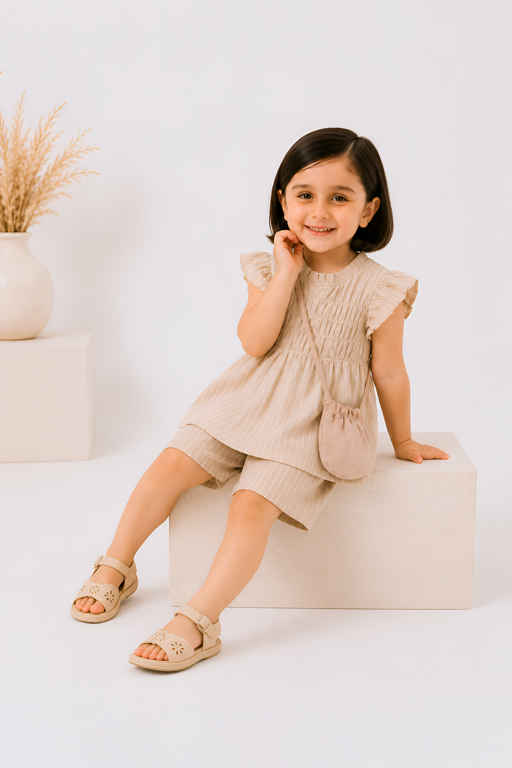 Smocked Stripe Co-Ord Set with Crossbody Pouch