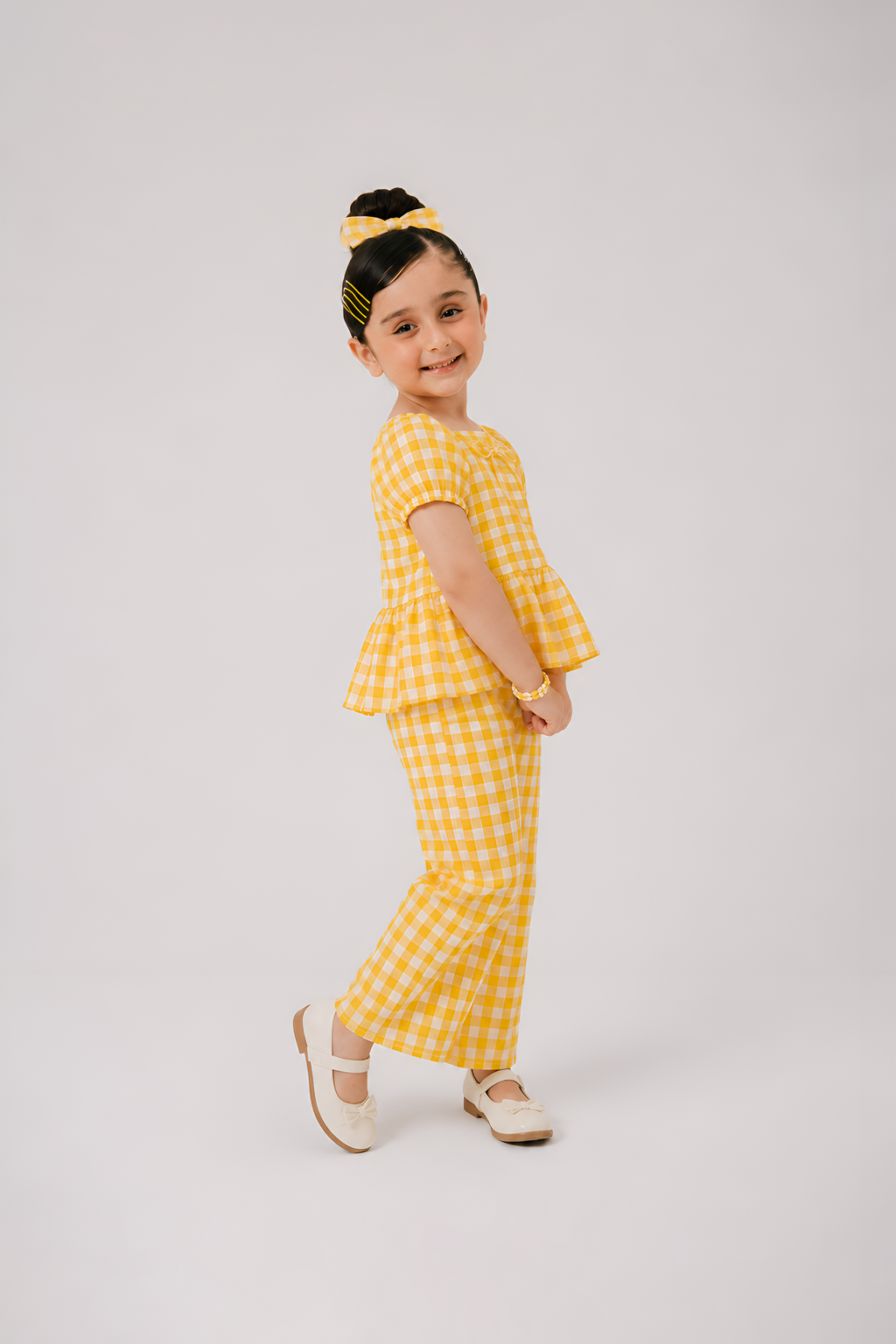 Girls Yellow Gingham Cotton Co-Ord Set – Puff Sleeve Top & Wide Leg Pants
