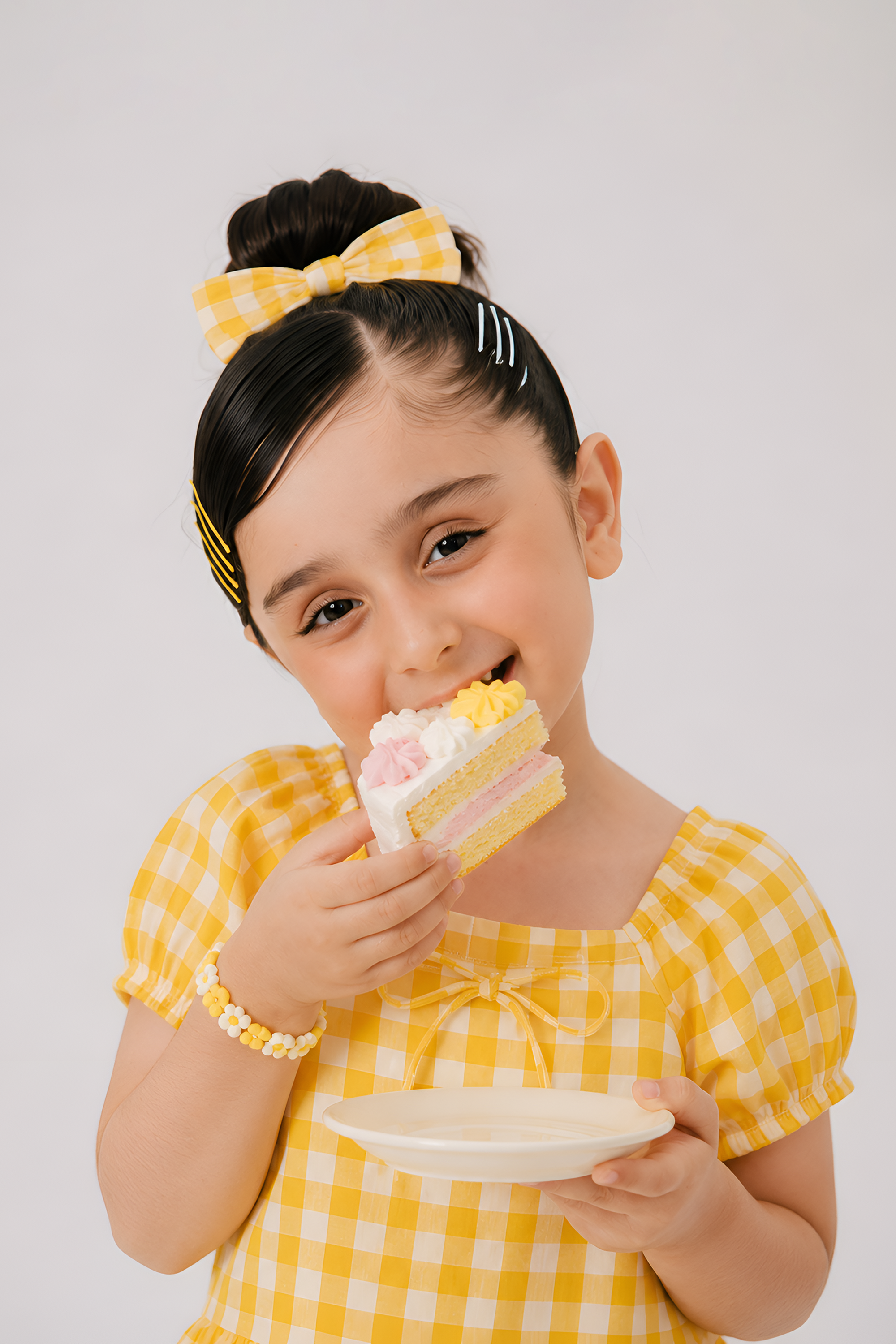 Girls Yellow Gingham Cotton Co-Ord Set – Puff Sleeve Top & Wide Leg Pants