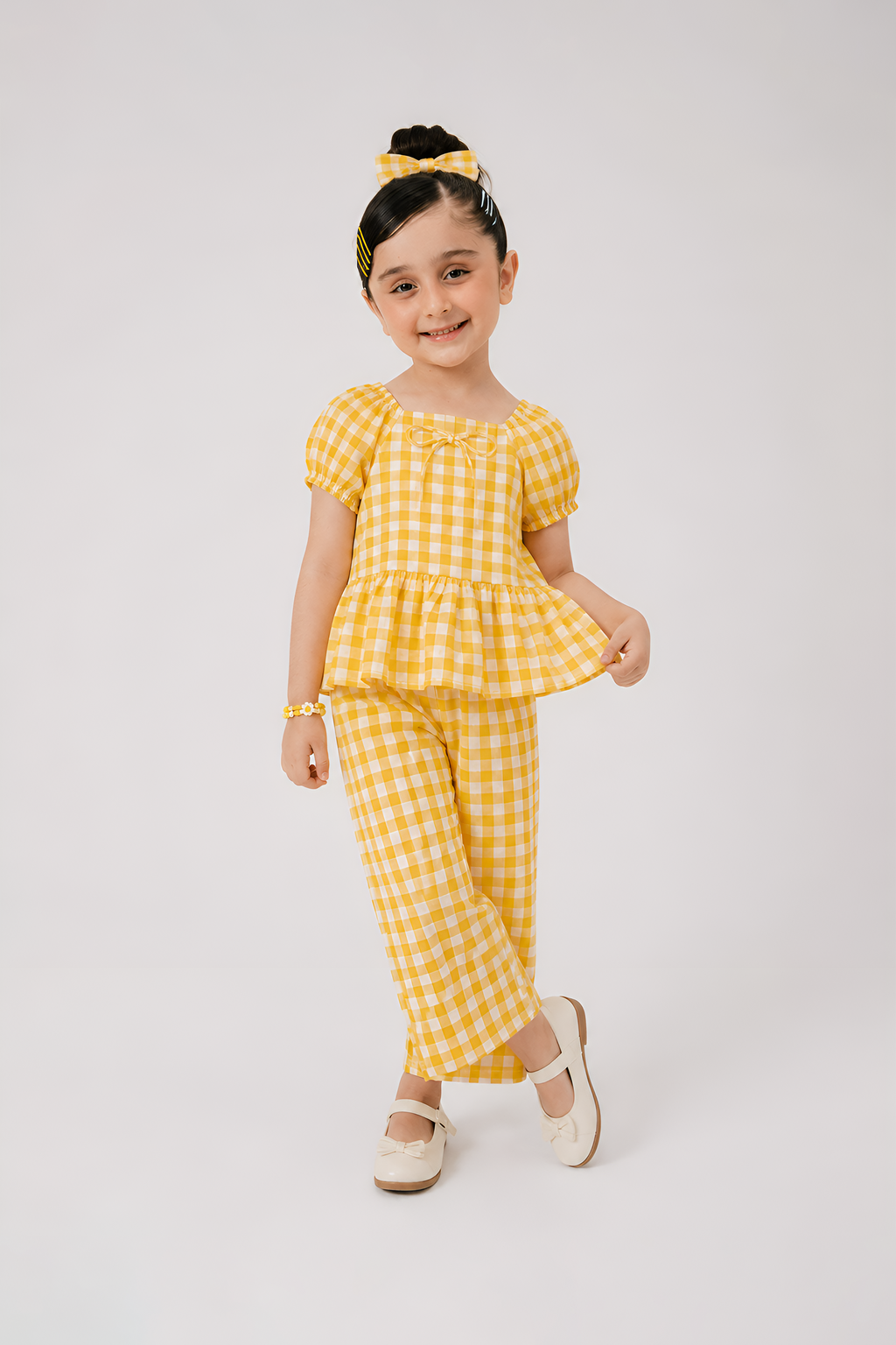 Girls Yellow Gingham Cotton Co-Ord Set – Puff Sleeve Top & Wide Leg Pants