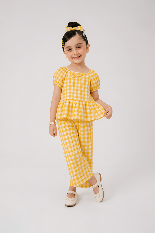 Girls Yellow Gingham Cotton Co-Ord Set – Puff Sleeve Top & Wide Leg Pants