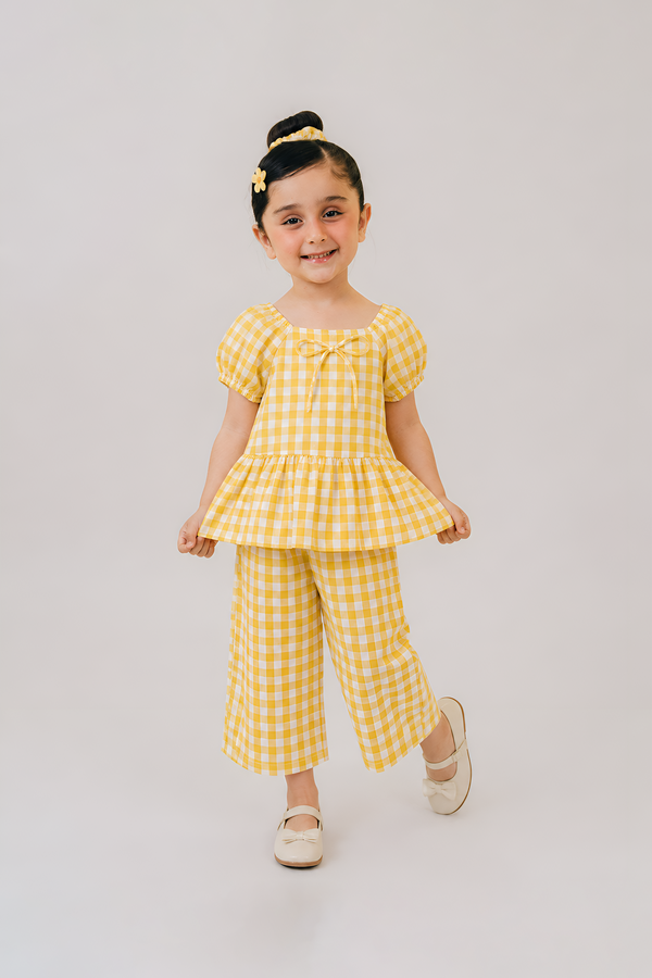 Girls Yellow Gingham Cotton Co-Ord Set – Puff Sleeve Top & Wide Leg Pants