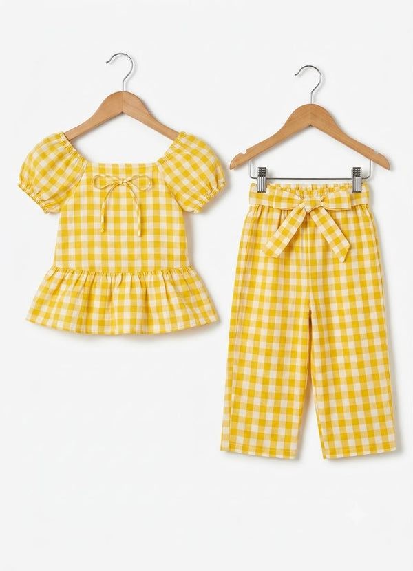 Girls Yellow Gingham Cotton Co-Ord Set – Puff Sleeve Top & Wide Leg Pants