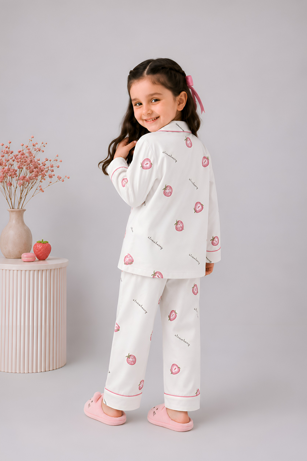 White and light pink with soft pink strawberry print