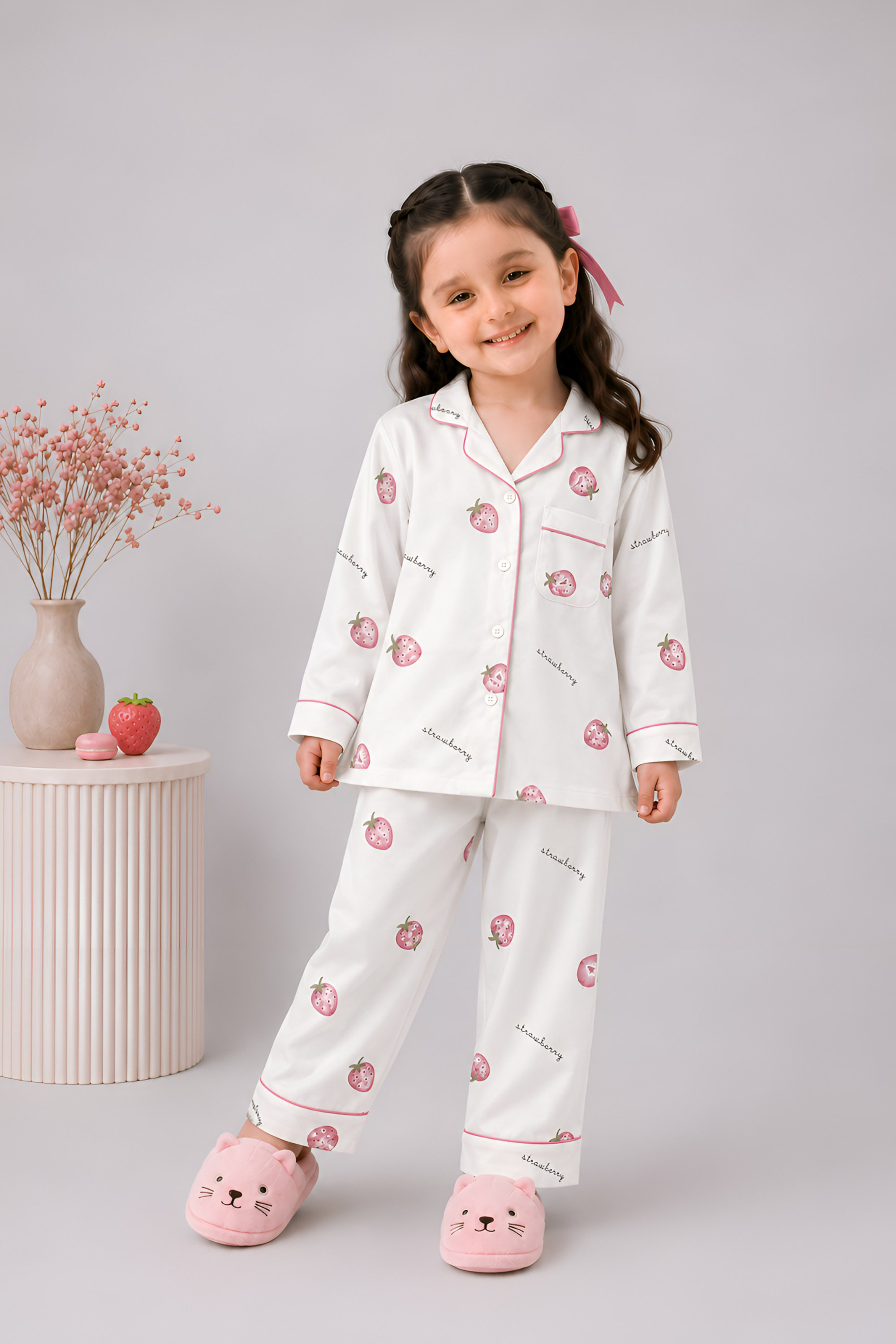 White and light pink with soft pink strawberry print