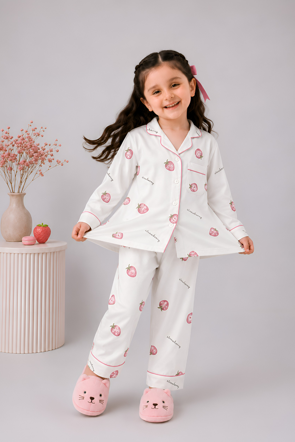 White and light pink with soft pink strawberry print