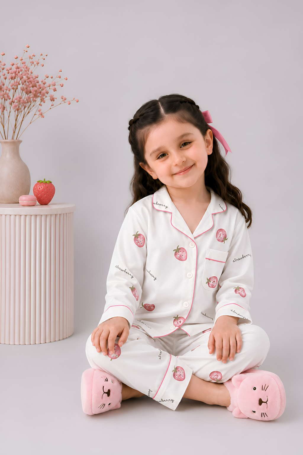 White and light pink with soft pink strawberry print